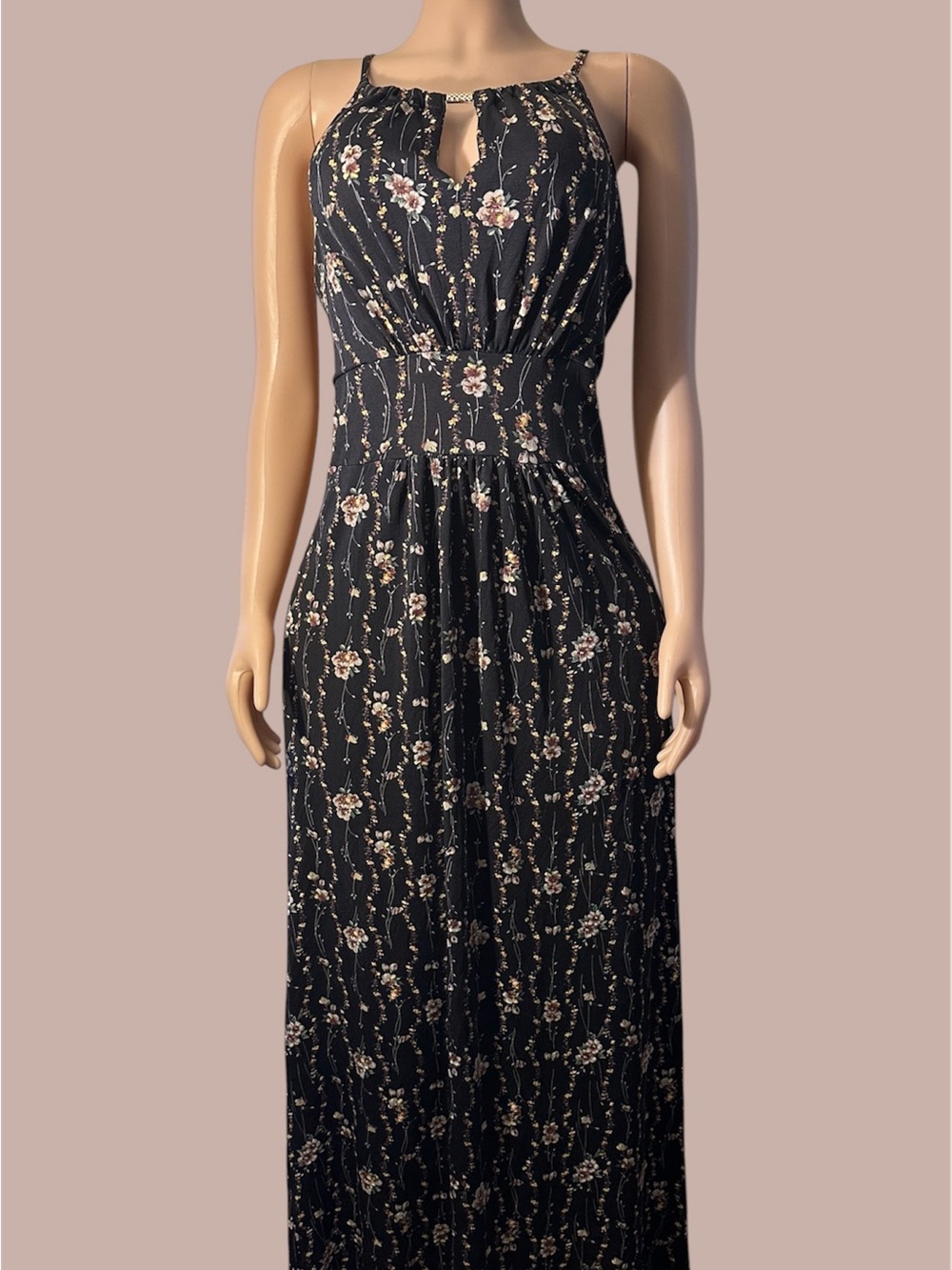raya sun Black Floral Halter Maxi Dress with Smocked Waist